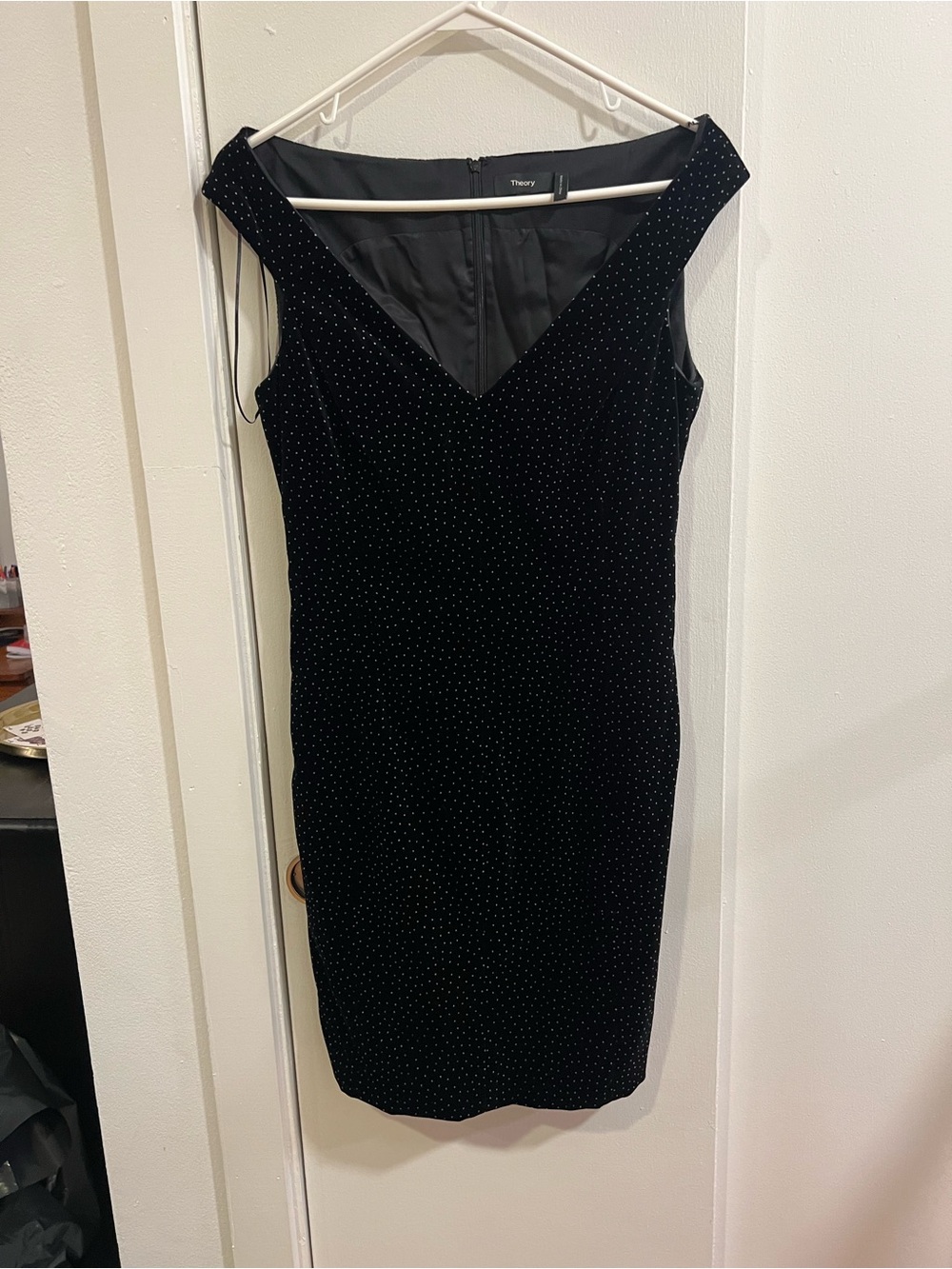 Theory Black Velvet Off-Shoulder Midi Dress with Subtle Sparkle